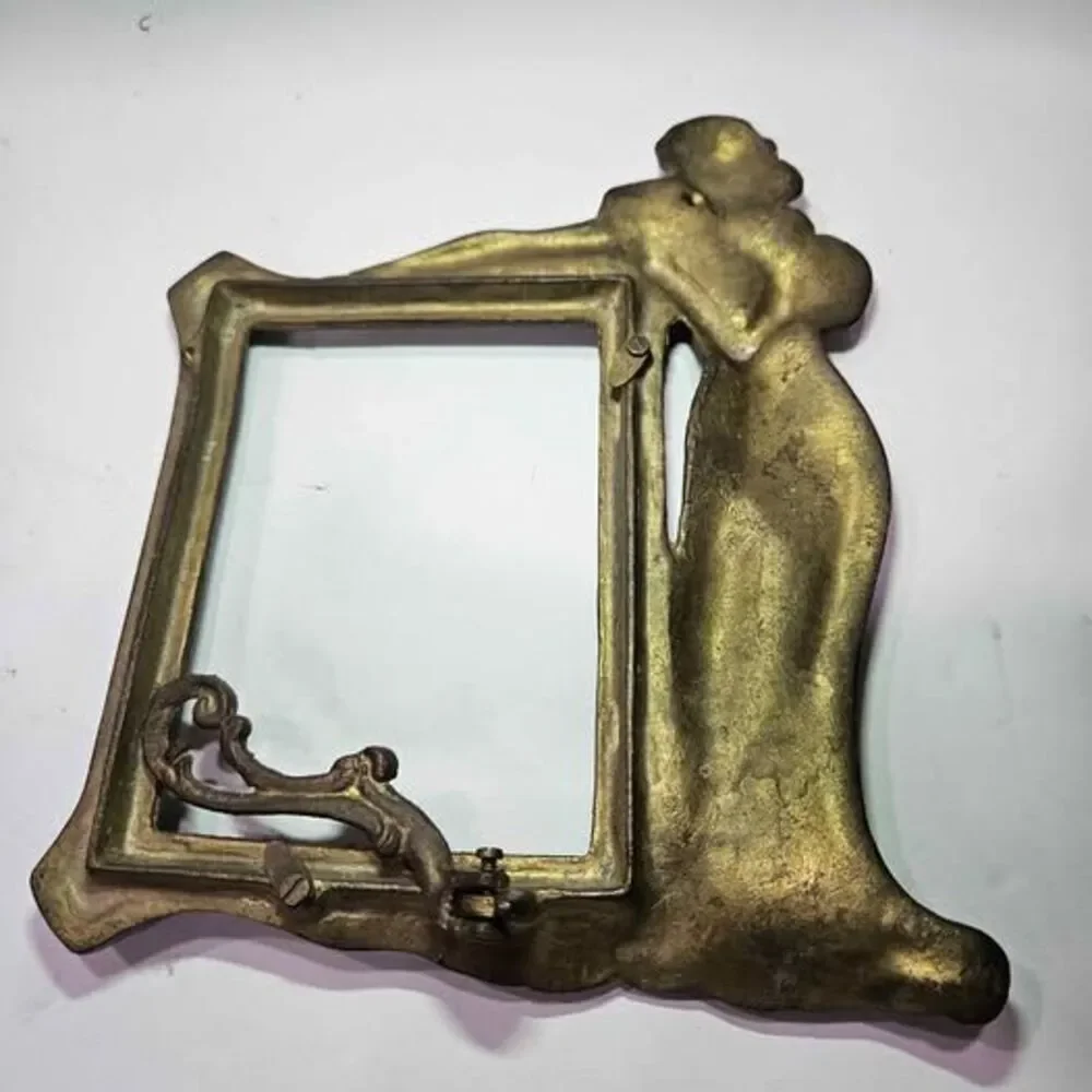 Vintage Art Nouveau Lady Figural Metal Photo Frame. Brass & heavy!